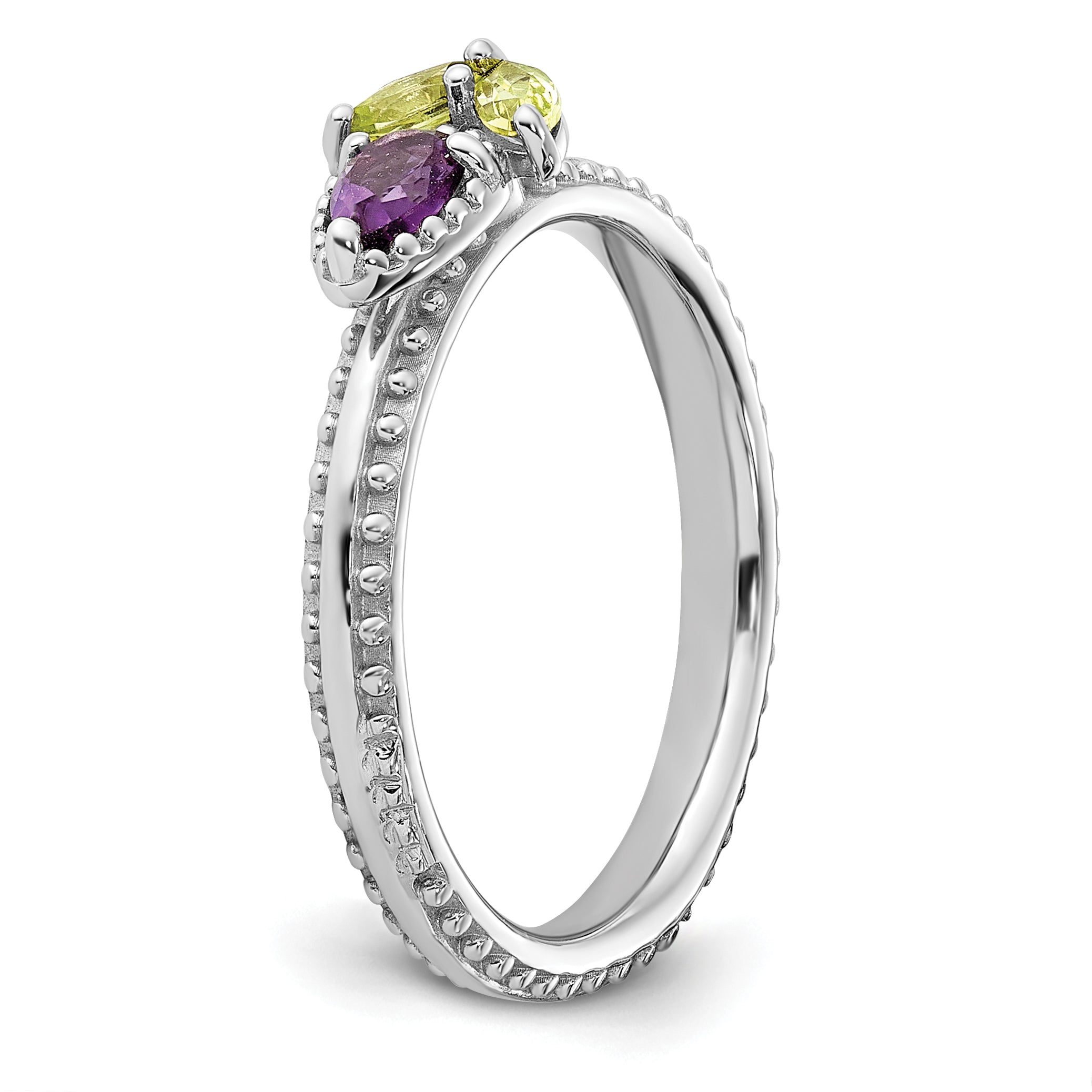 Sterling Silver Stackable Expressions Rhodium-plated Textured Amethyst and Peridot Flower Ring