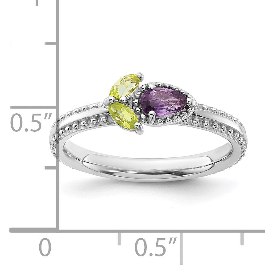 Sterling Silver Stackable Expressions Rhodium-plated Textured Amethyst and Peridot Flower Ring