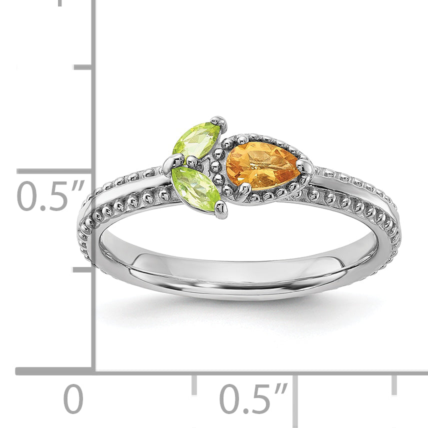 Sterling Silver Stackable Expressions Rhodium-plated Textured Citrine and Peridot Flower Ring