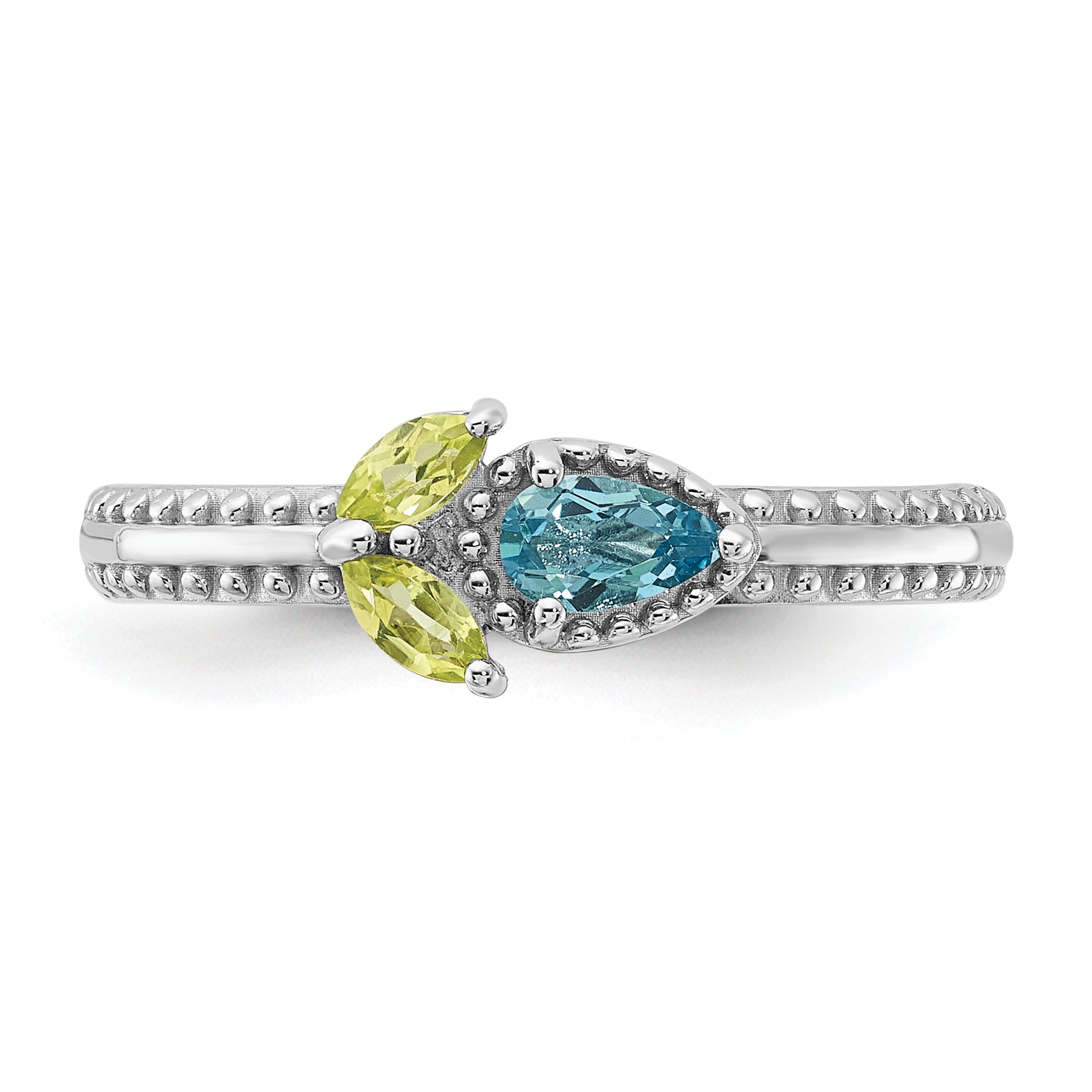 Sterling Silver Stackable Expressions Rhodium-plated Lt Swiss Blue Topaz & Peridot Flower Ring