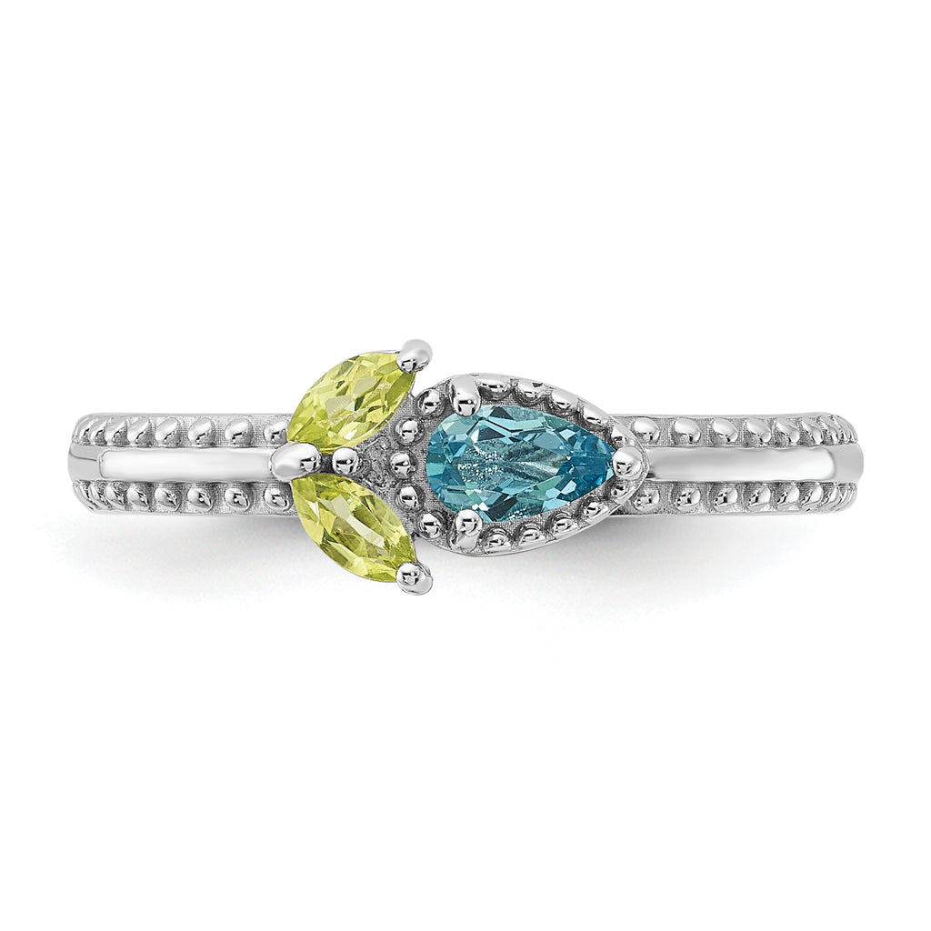 Sterling Silver Stackable Expressions Rhodium-plated Lt Swiss Blue Topaz & Peridot Flower Ring