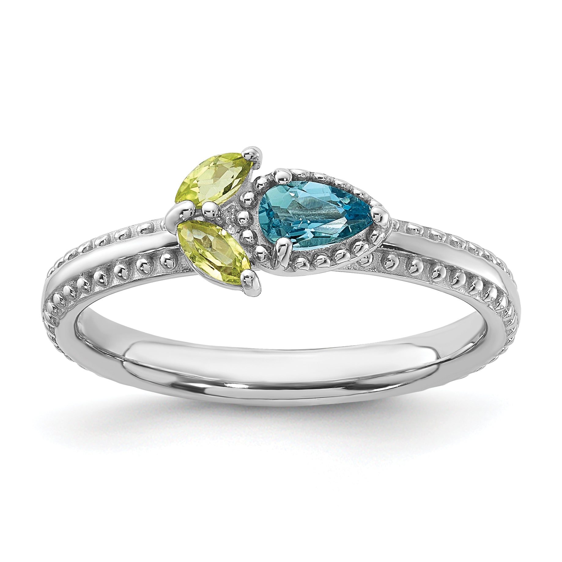Sterling Silver Stackable Expressions Rhodium-plated Lt Swiss Blue Topaz & Peridot Flower Ring Main image