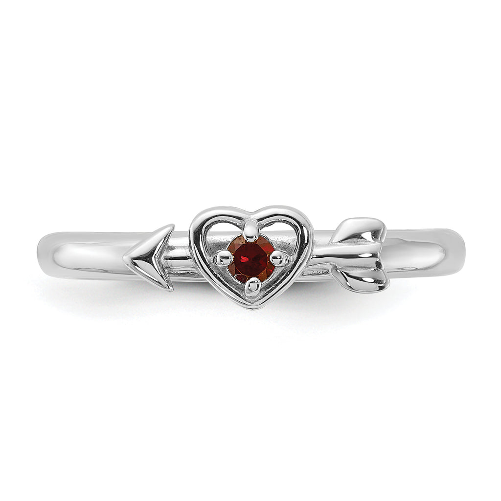 Sterling Silver Stackable Expressions Rhodium-Plated Garnet Heart with Arrow Ring