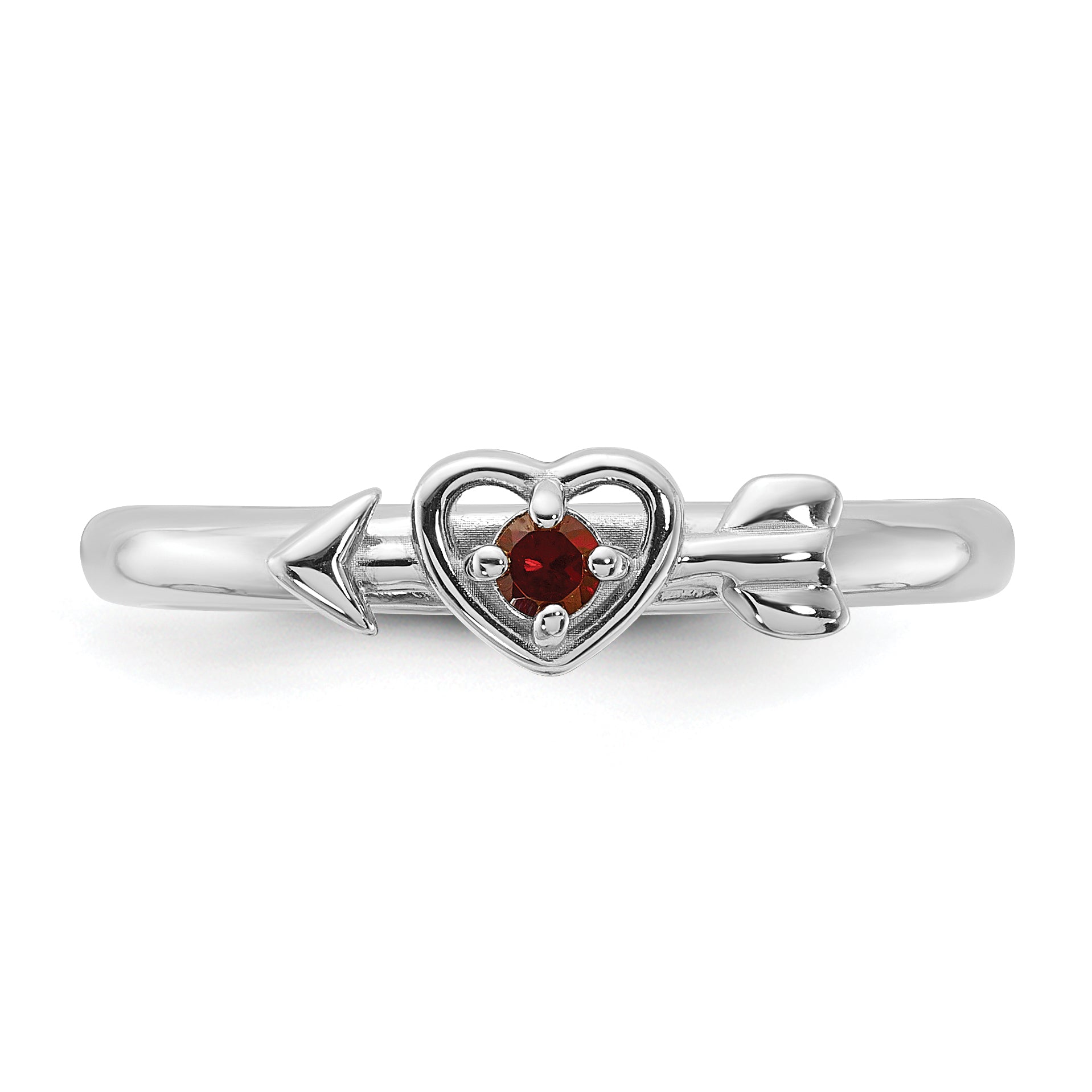 Sterling Silver Stackable Expressions Rhodium-Plated Garnet Heart with Arrow Ring