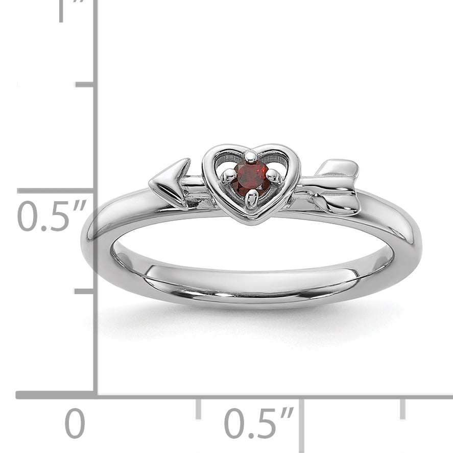 Sterling Silver Stackable Expressions Rhodium-plated Garnet Heart with Arrow Ring