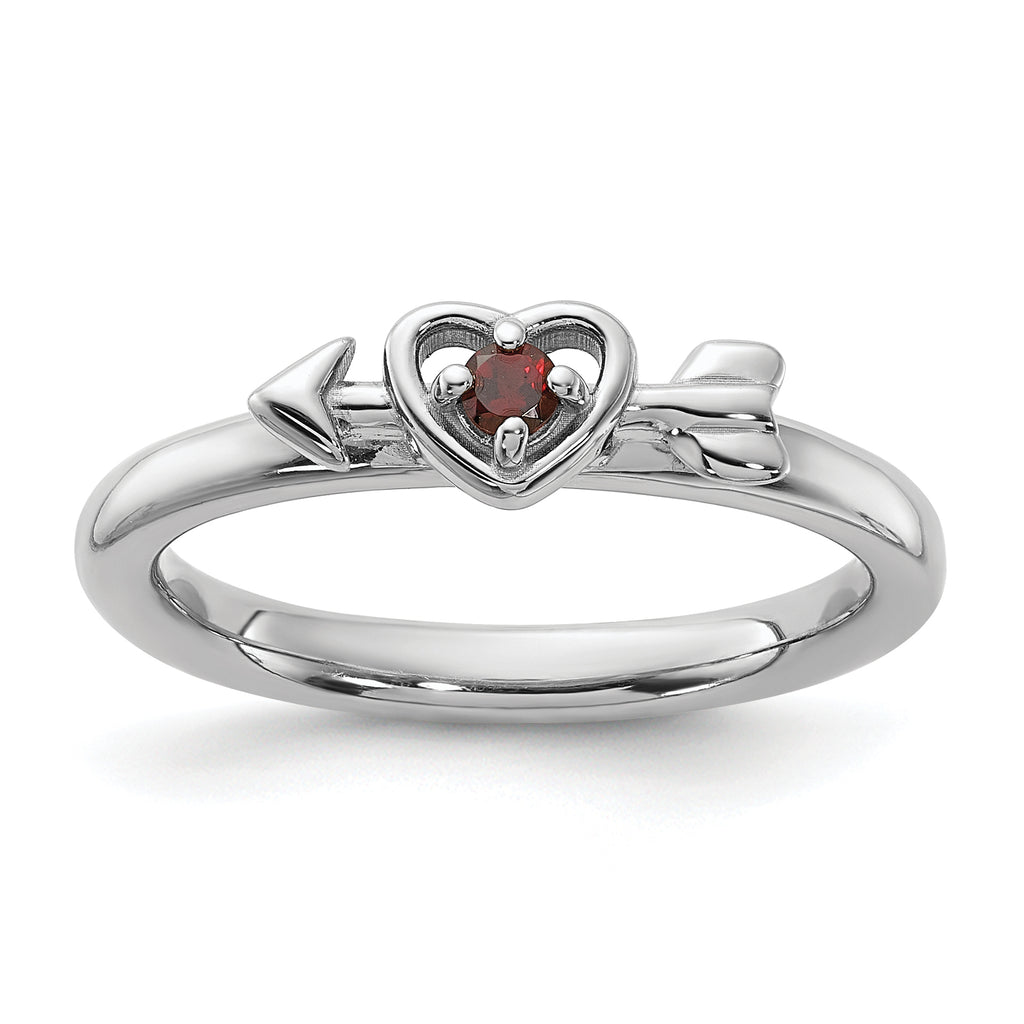 Sterling Silver Stackable Expressions Rhodium-Plated Garnet Heart with Arrow Ring