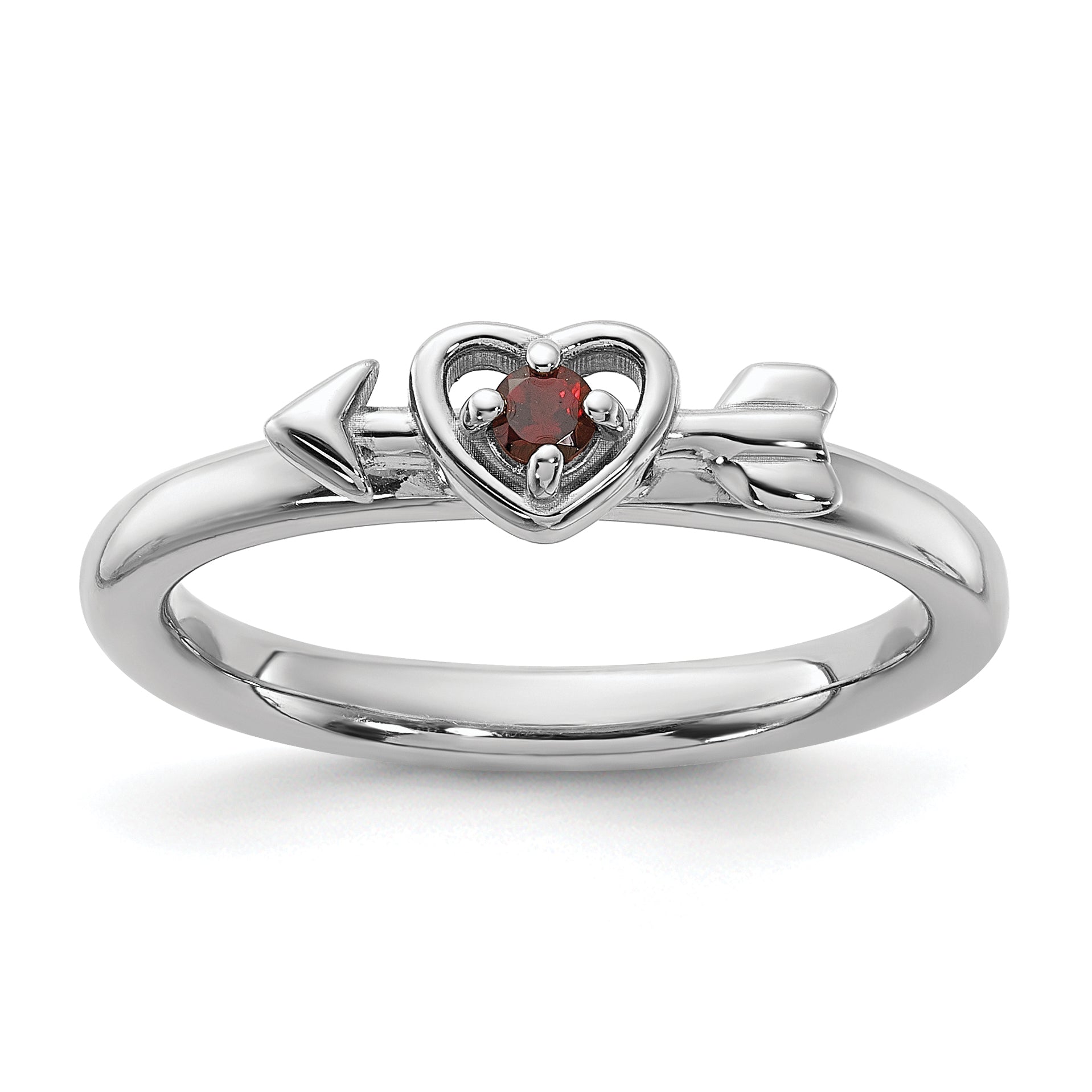Sterling Silver Stackable Expressions Rhodium-Plated Garnet Heart with Arrow Ring