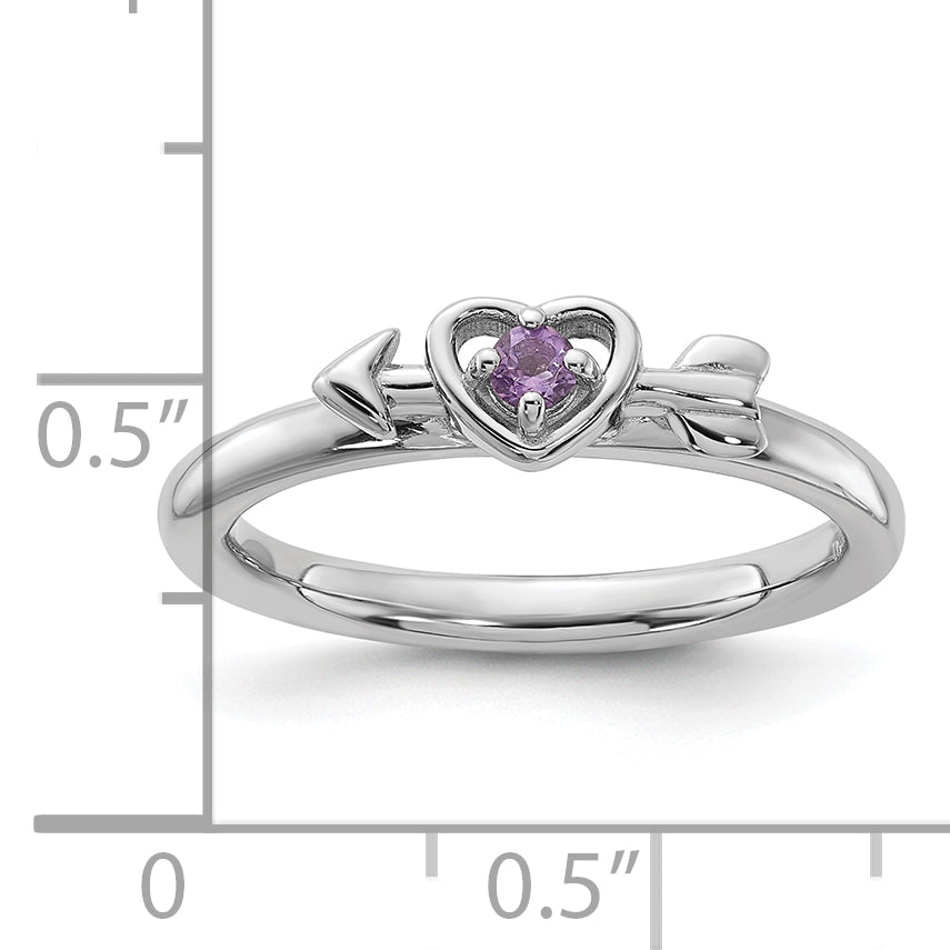 Sterling Silver Stackable Expressions Rhodium-plated Amethyst Heart with Arrow Ring