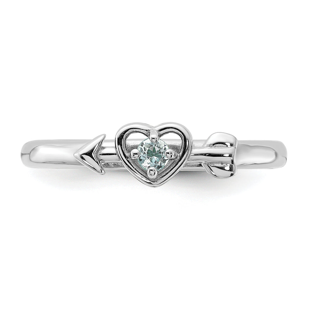 Sterling Silver Stackable Expressions Rhodium-Plated Aquamarine Heart with Arrow Ring