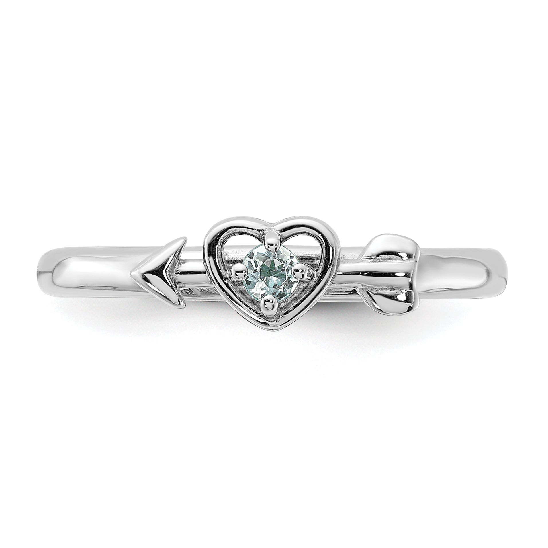 Sterling Silver Stackable Expressions Rhodium-Plated Aquamarine Heart with Arrow Ring