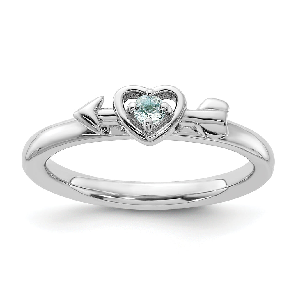 Sterling Silver Stackable Expressions Rhodium-Plated Aquamarine Heart with Arrow Ring
