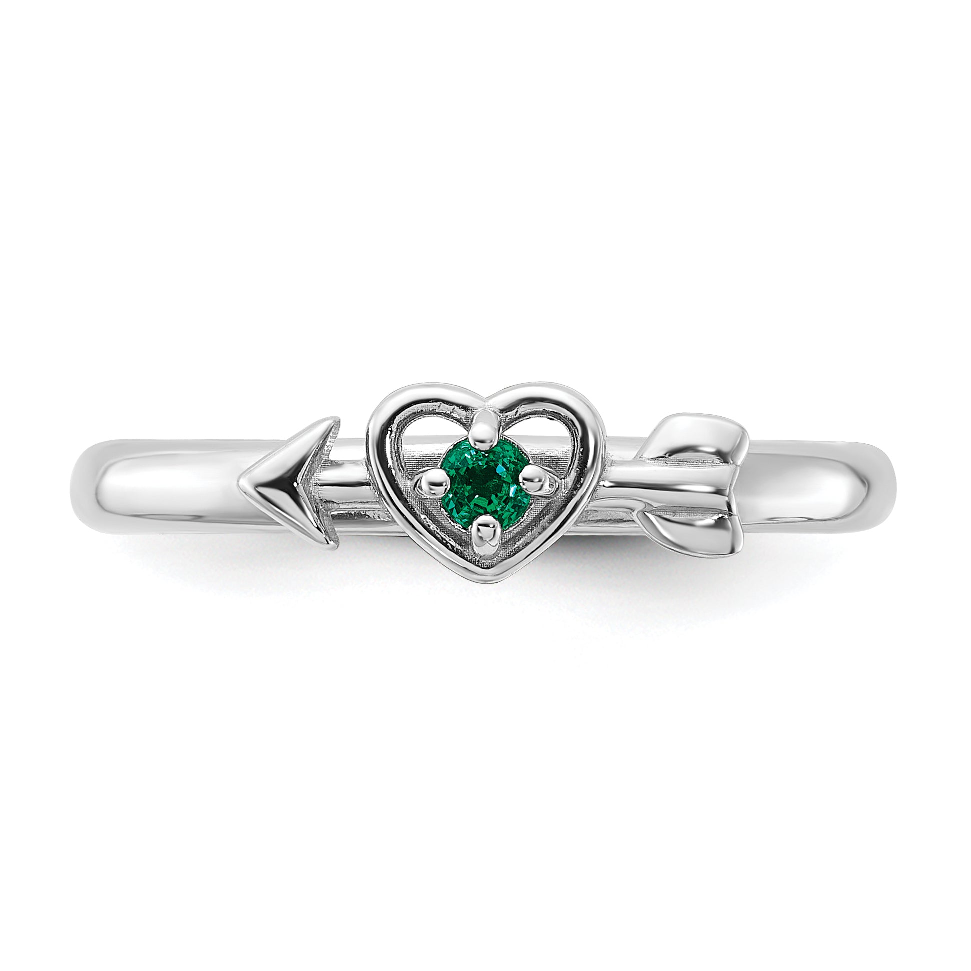 Sterling Silver Stackable Expressions Rhodium-plated Created Emerald Heart with Arrow Ring