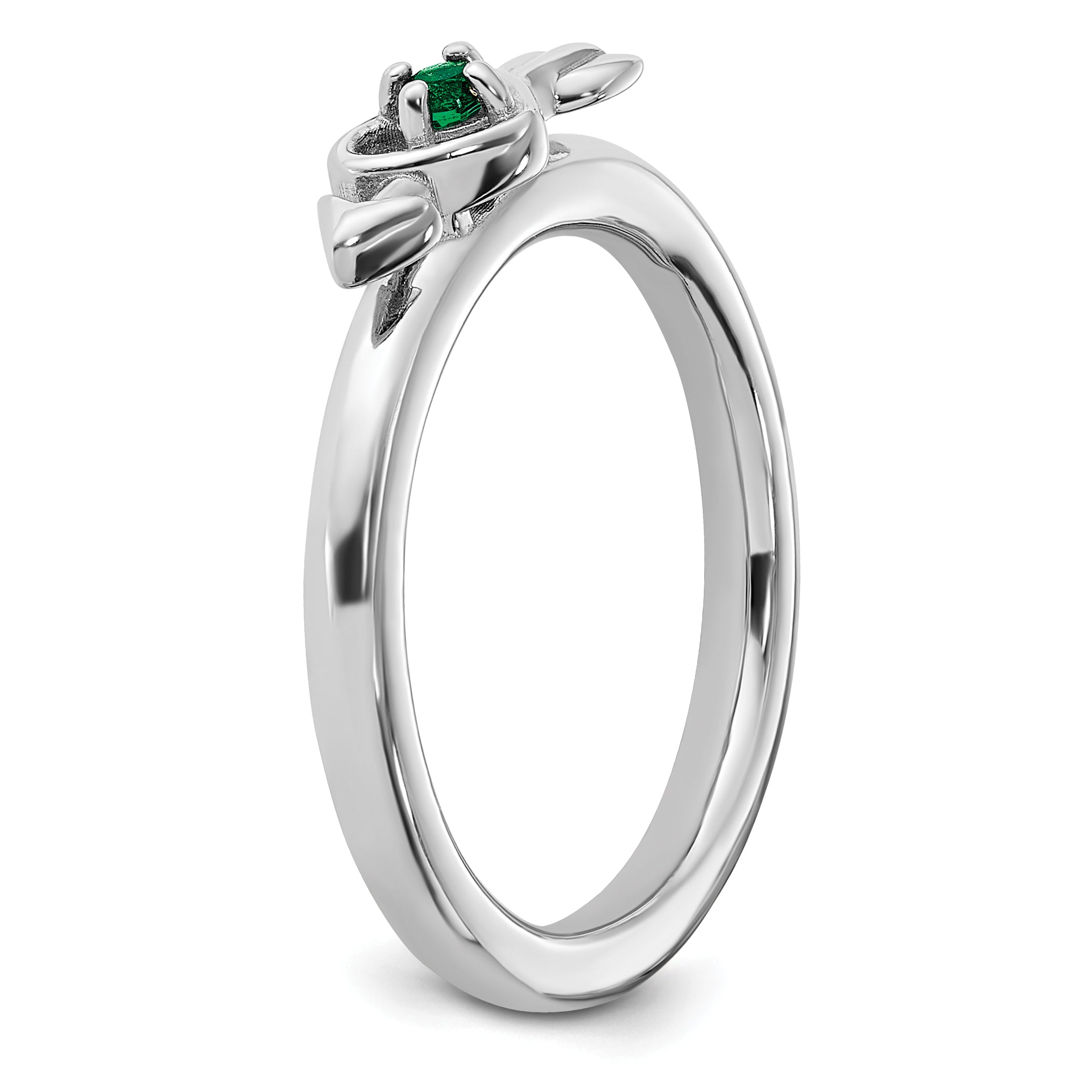 Sterling Silver Stackable Expressions Rhodium-plated Created Emerald Heart with Arrow Ring