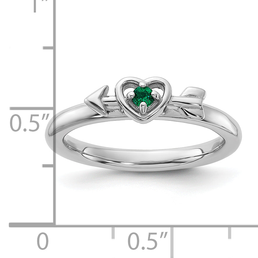 Sterling Silver Stackable Expressions Rhodium-plated Created Emerald Heart with Arrow Ring