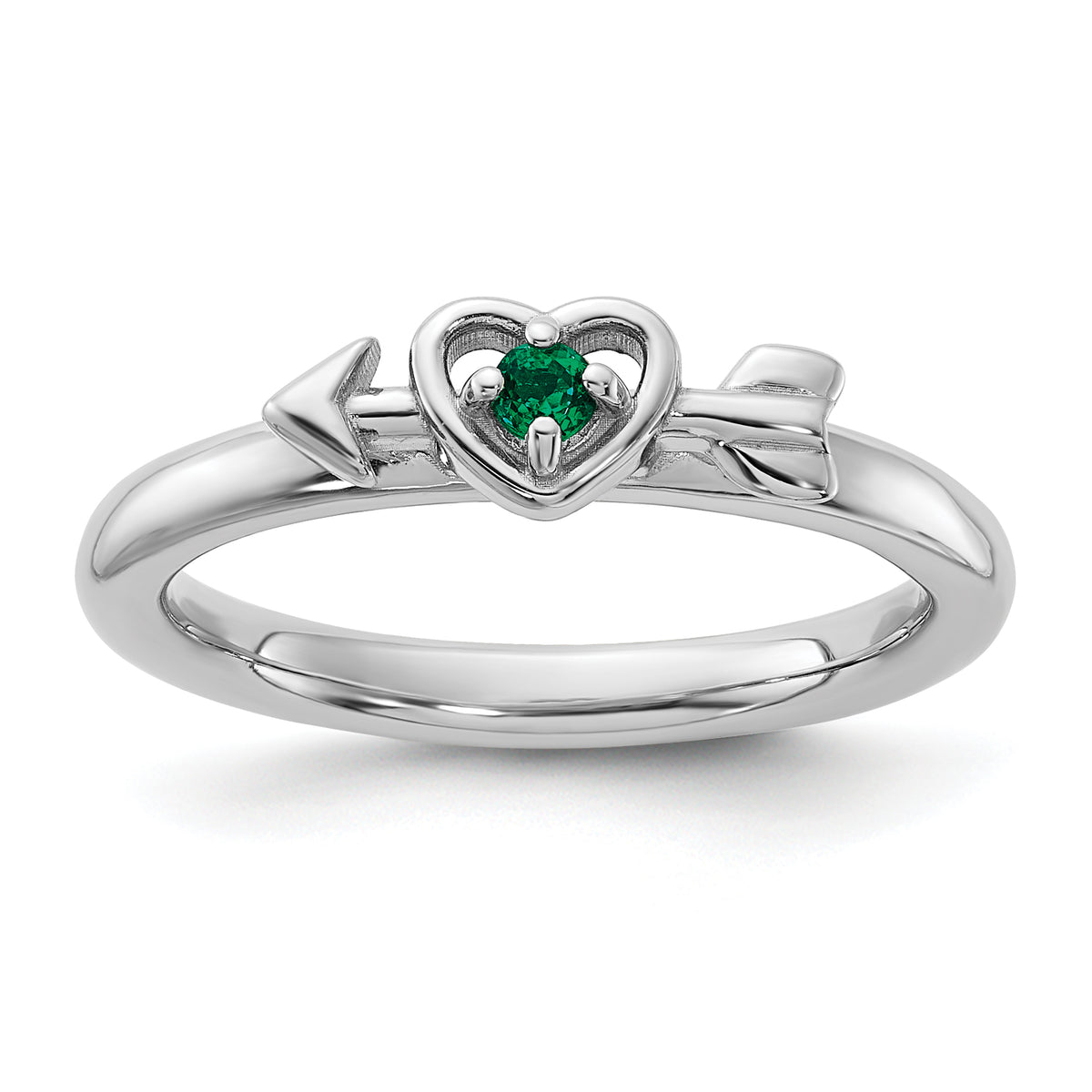 Sterling Silver Stackable Expressions Rhodium-plated Created Emerald Heart with Arrow Ring
