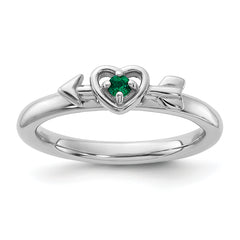 Sterling Silver Stackable Expressions Rhodium-plated Created Emerald Heart with Arrow Ring