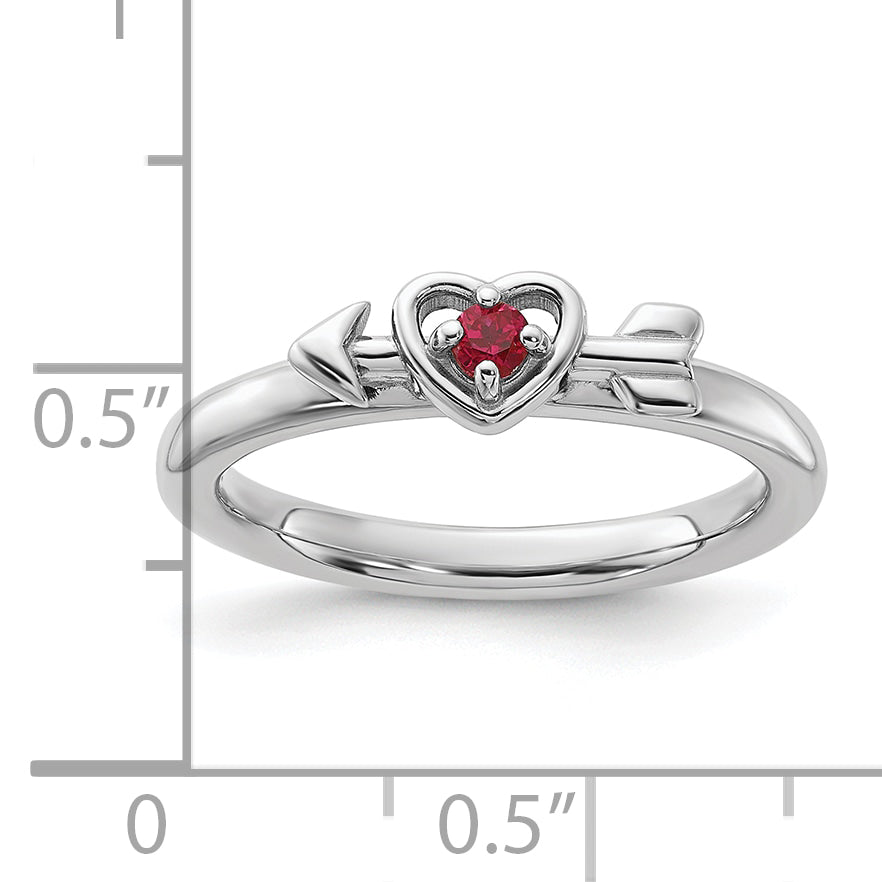 Sterling Silver Stackable Expressions Rhodium-plated Created Ruby Heart with Arrow Ring