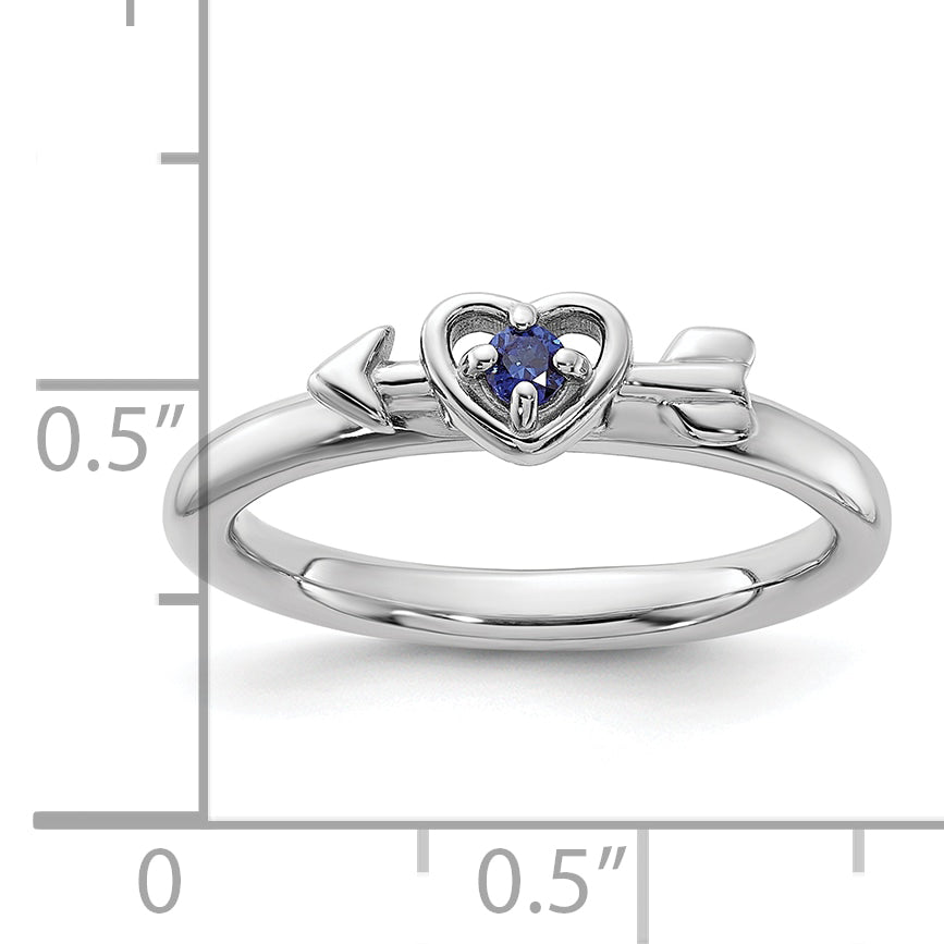 Sterling Silver Stackable Expressions Rhodium-plated Created Sapphire Heart with Arrow Ring