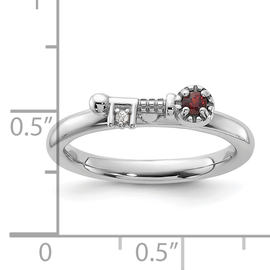 Sterling Silver Stackable Expressions Rhodium-plated Garnet and White Topaz Key Ring