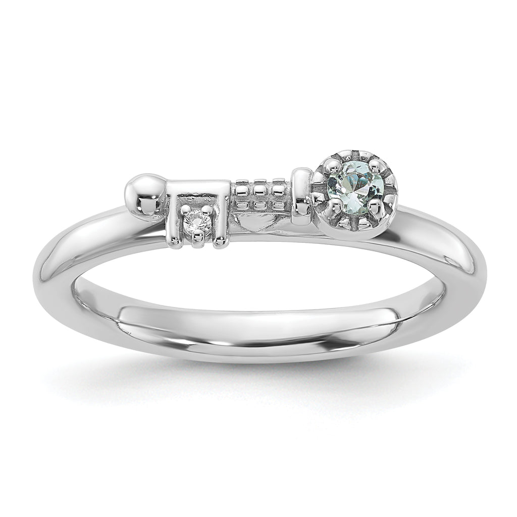 Sterling Silver Stackable Expressions Rhodium-plated Aquamarine and White Topaz Key Ring