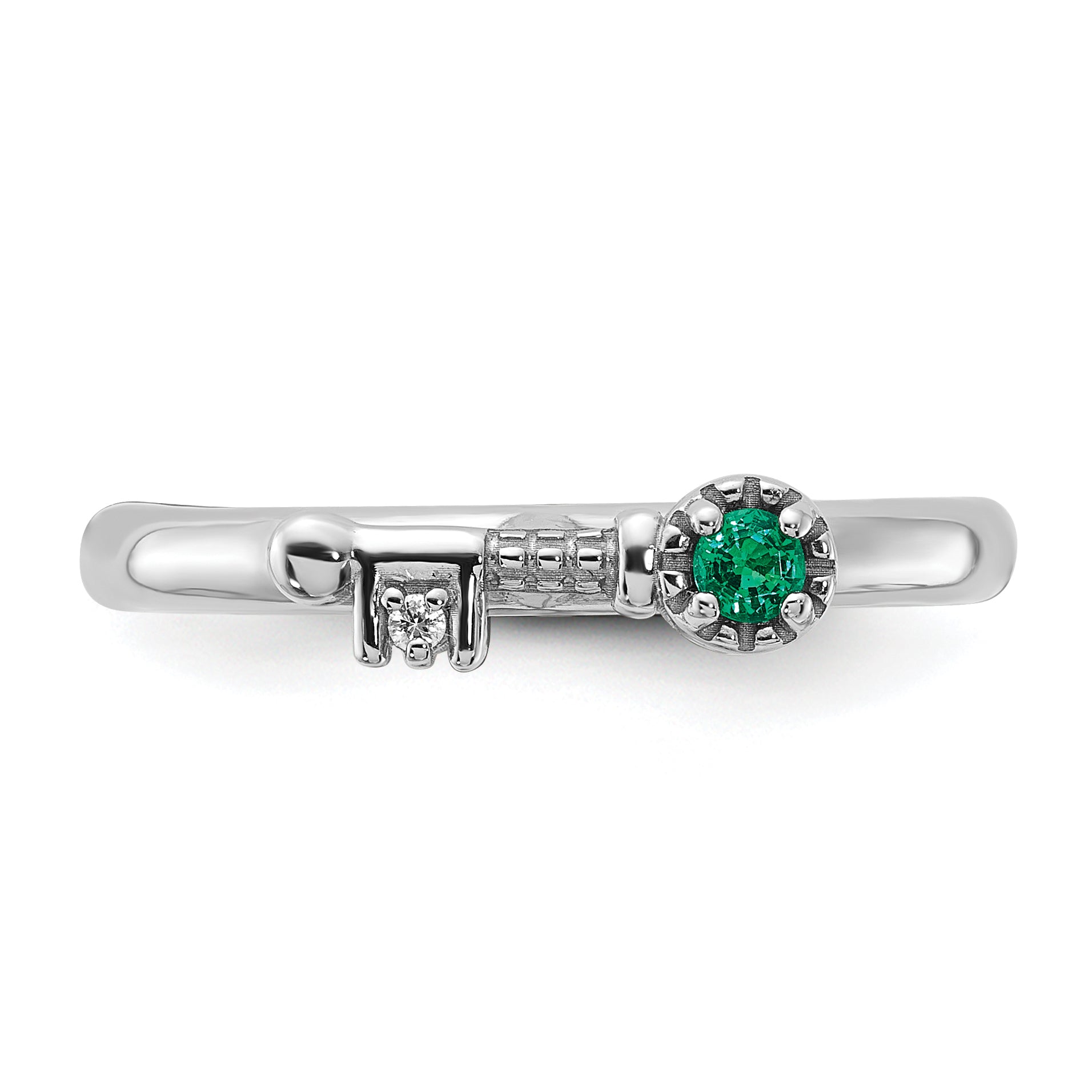 Sterling Silver Stackable Expressions Rhodium-plated Created Emerald and White Topaz Key Ring