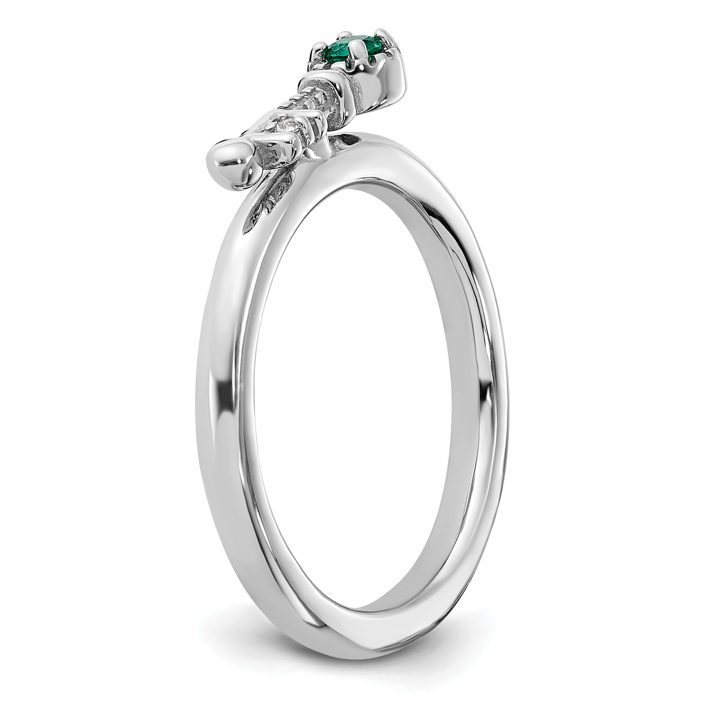 Sterling Silver Stackable Expressions Rhodium-plated Created Emerald and White Topaz Key Ring