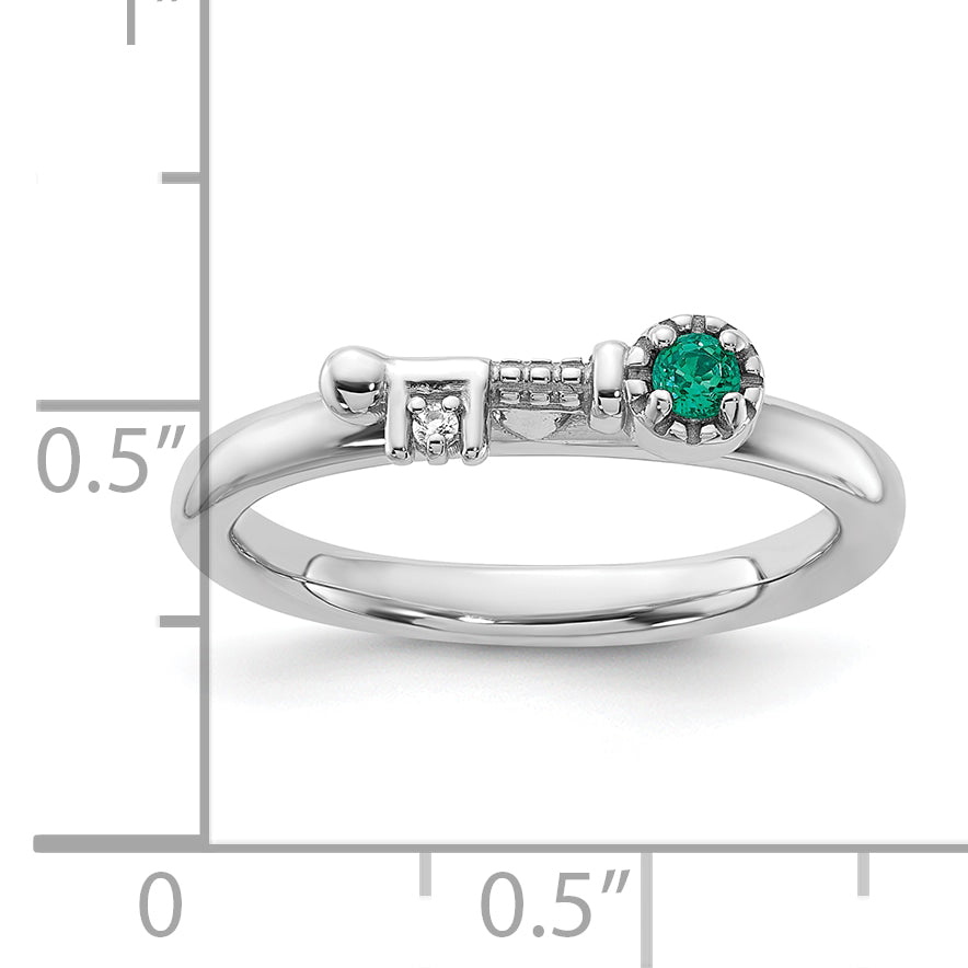 Sterling Silver Stackable Expressions Rhodium-plated Created Emerald and White Topaz Key Ring
