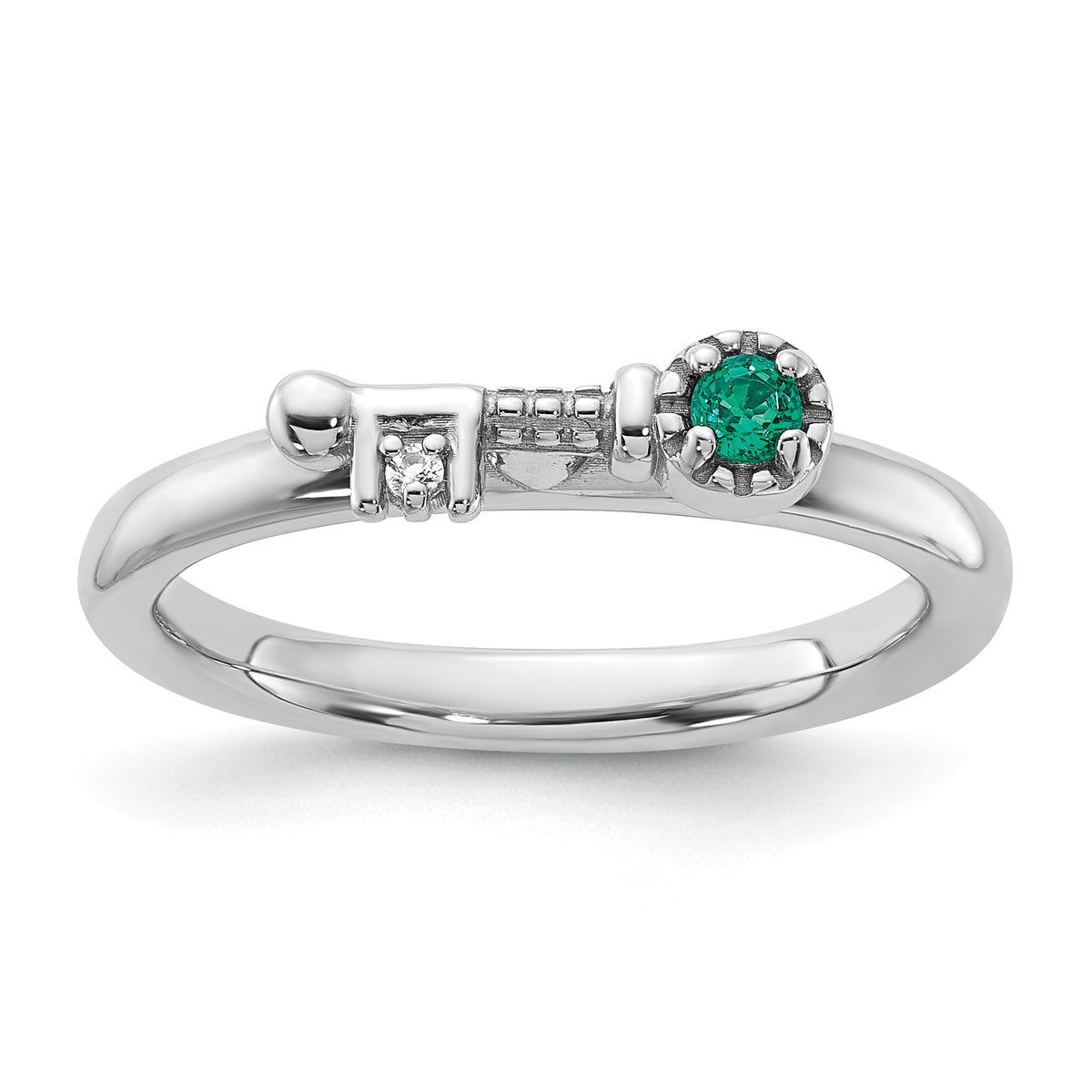 Sterling Silver Stackable Expressions Rhodium-plated Created Emerald and White Topaz Key Ring