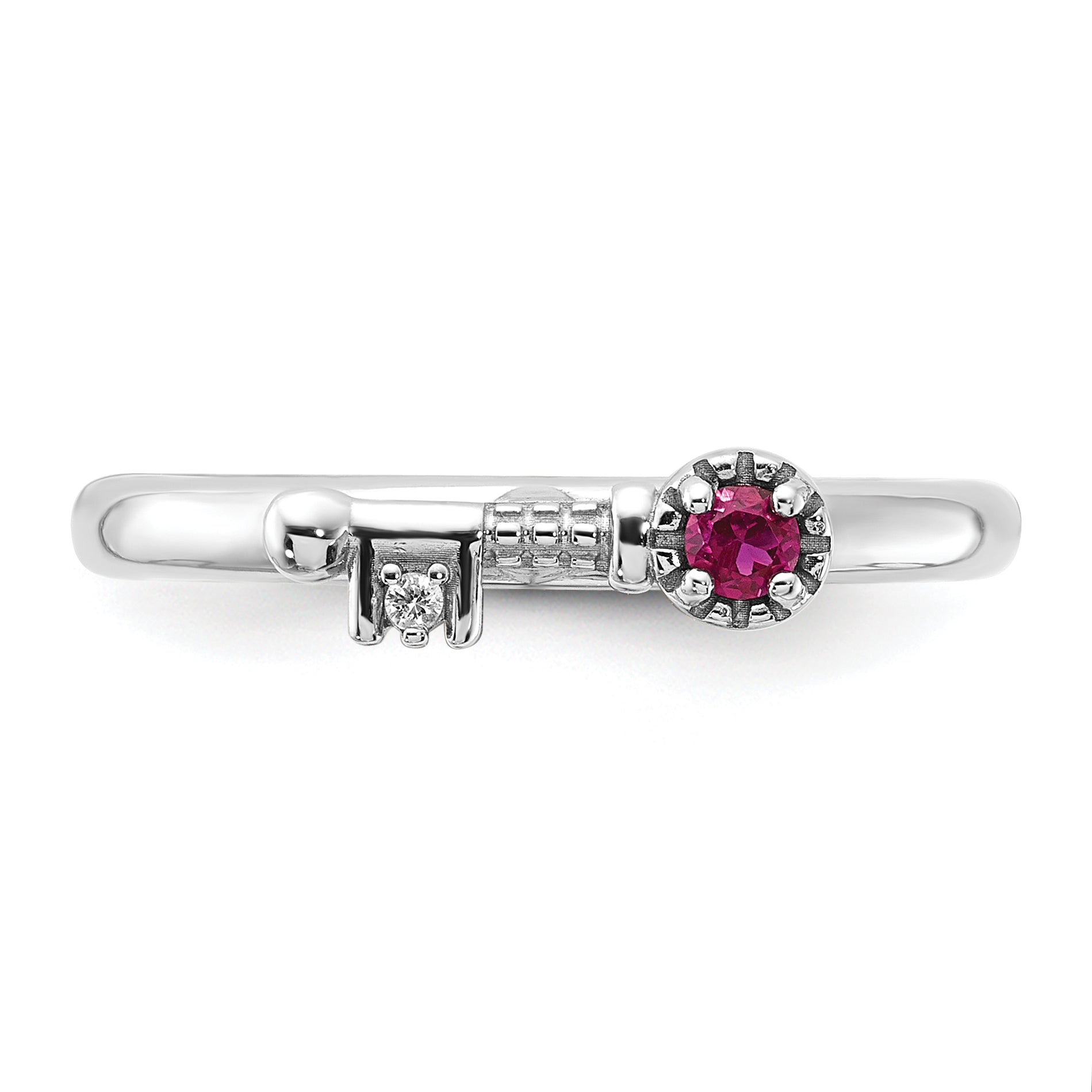 Sterling Silver Stackable Expressions Rhodium-plated Created Ruby and White Topaz Key Ring