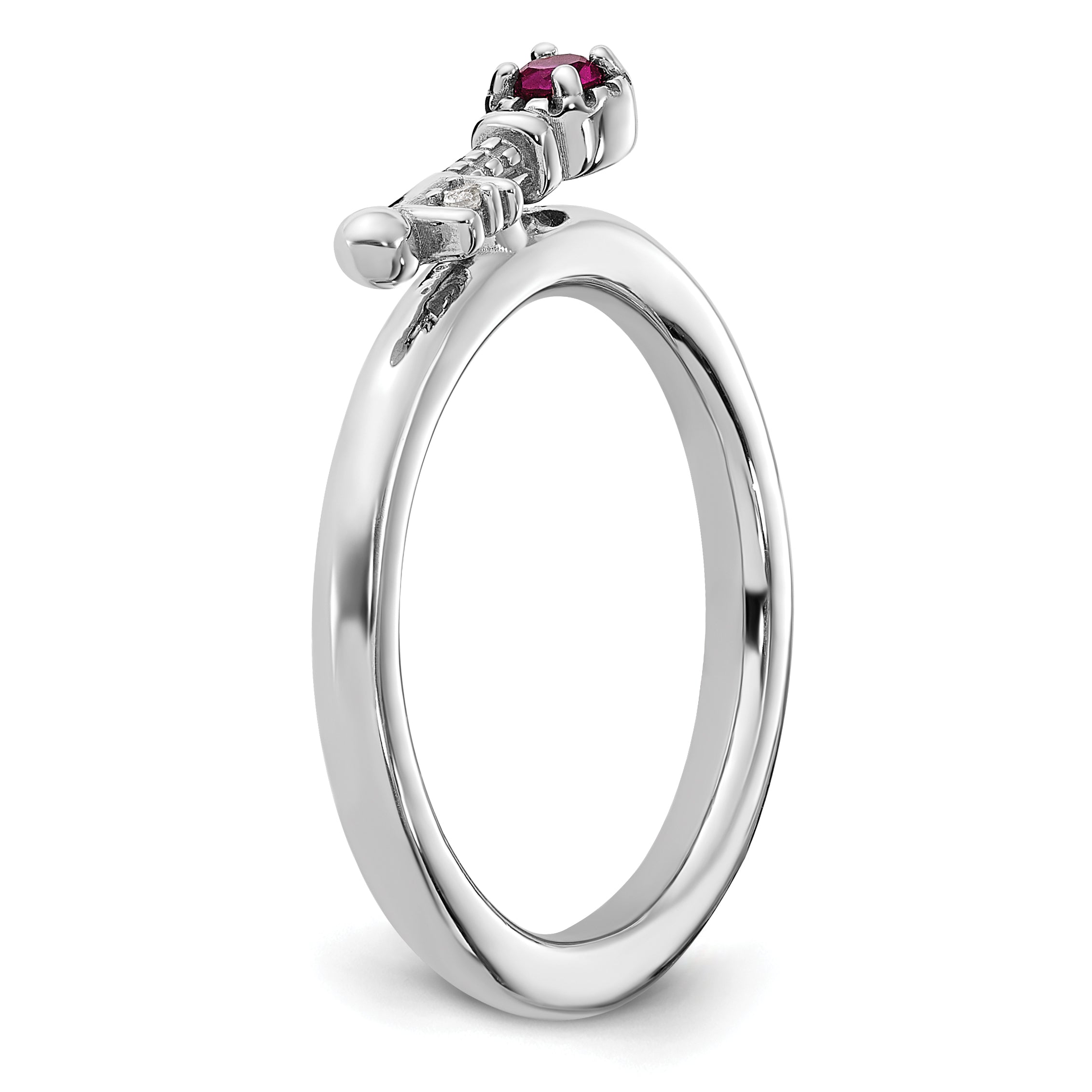 Sterling Silver Stackable Expressions Rhodium-plated Created Ruby and White Topaz Key Ring