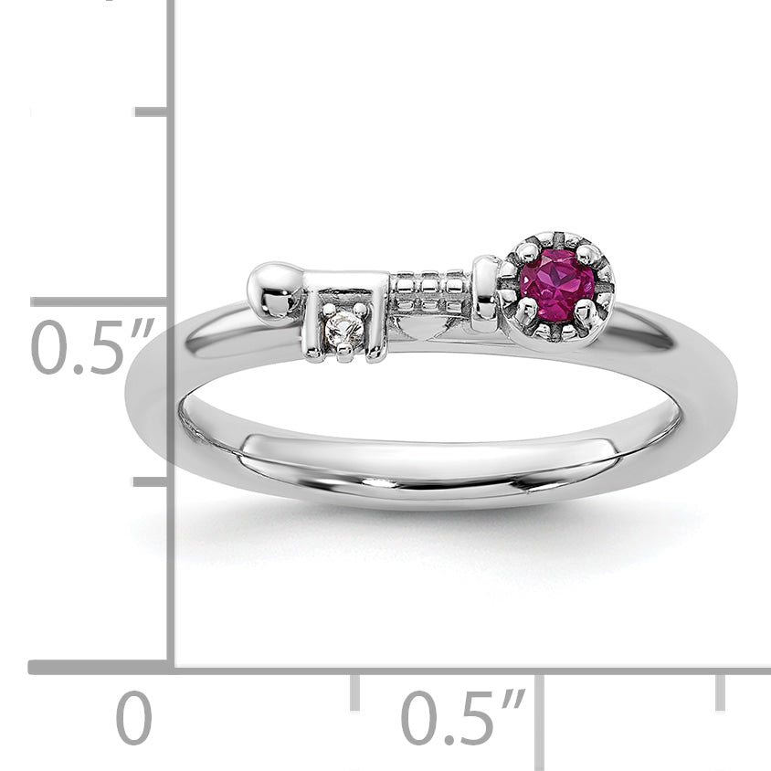 Sterling Silver Stackable Expressions Rhodium-plated Created Ruby and White Topaz Key Ring