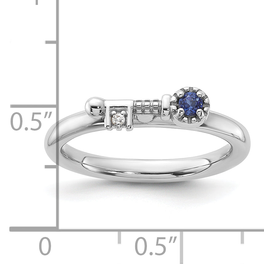 Sterling Silver Stackable Expressions Rhodium-plated Created Sapphire and White Topaz Key Ring