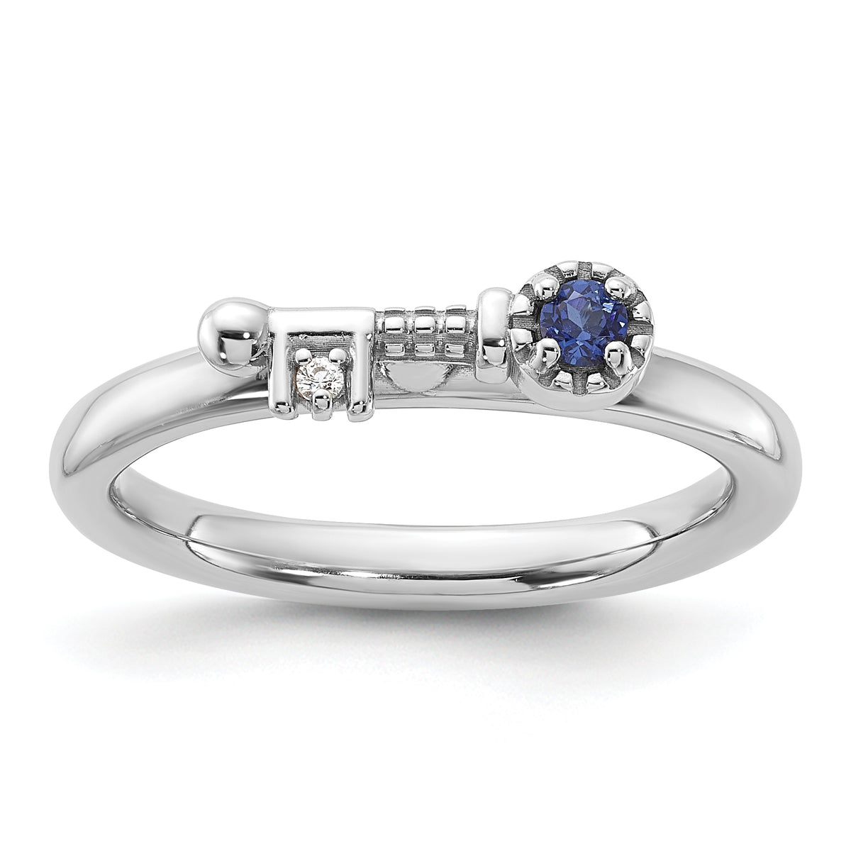 Sterling Silver Stackable Expressions Rhodium-plated Created Sapphire and White Topaz Key Ring