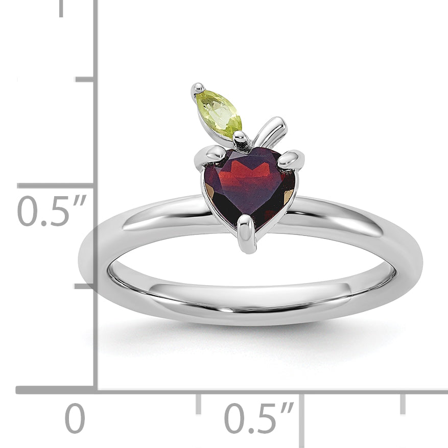 Sterling Silver Stackable Expressions RH-plated Garnet Peridot Apple Ring