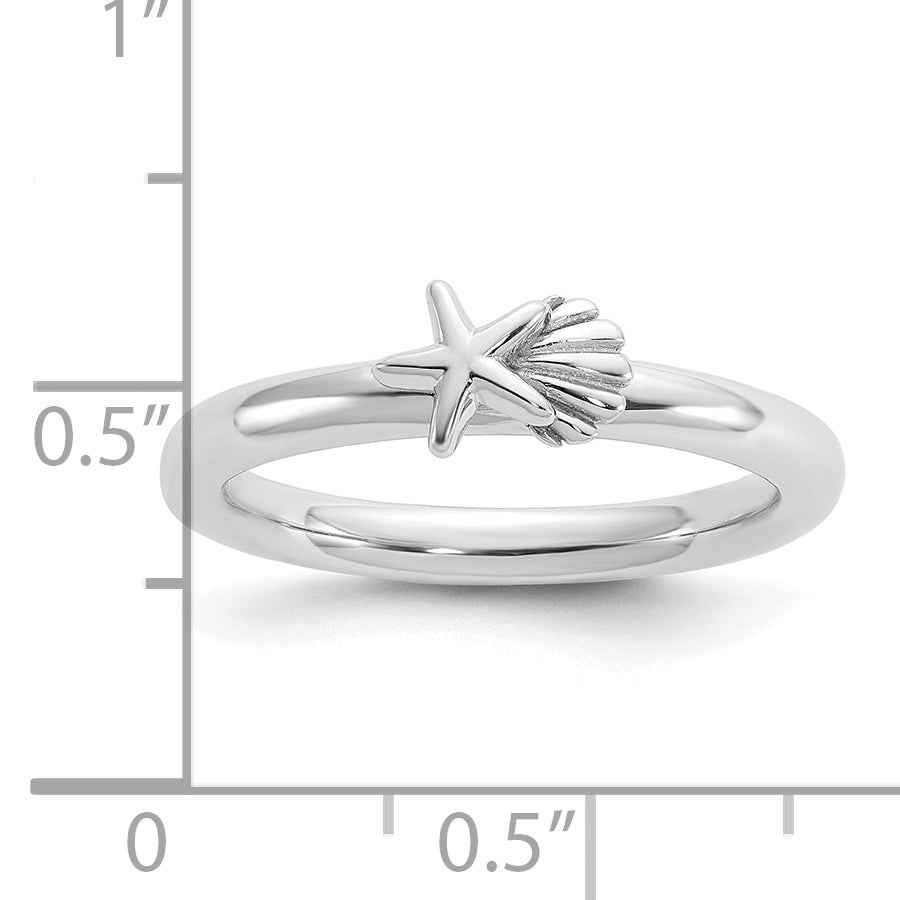 Sterling Silver Stackable Expressions Rh-plated Starfish and Shell Ring