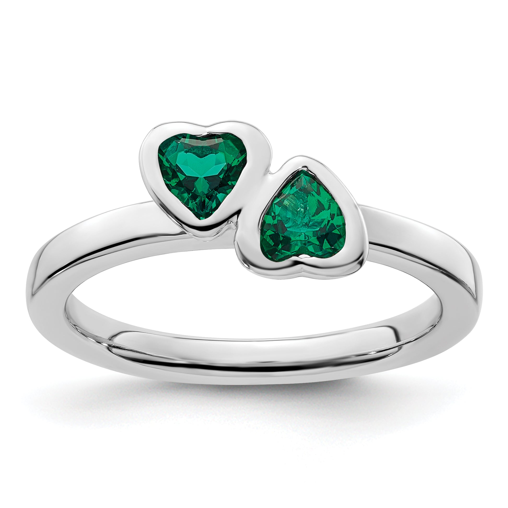 Sterling Silver Stackable Expressions Cr. Emerald Double Heart Ring Main image