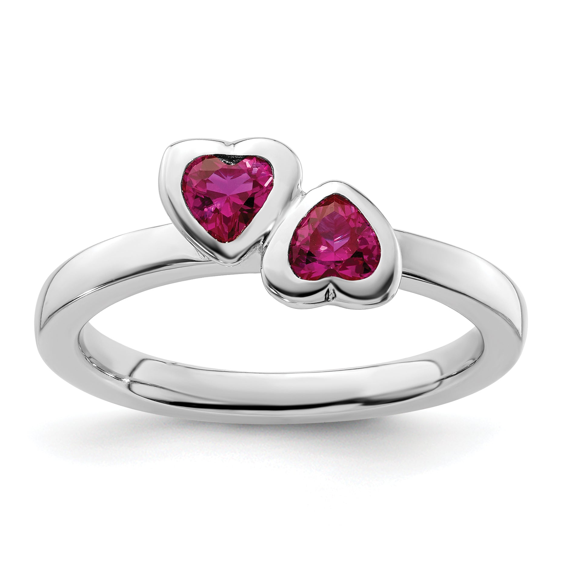 Sterling Silver Stackable Expressions Cr. Ruby Double Heart Ring Main image