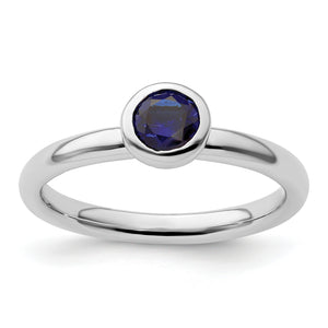 Low Round Created Sapphire Stackable Ring in Sterling Silver, 5mm - Sophia Jewelers