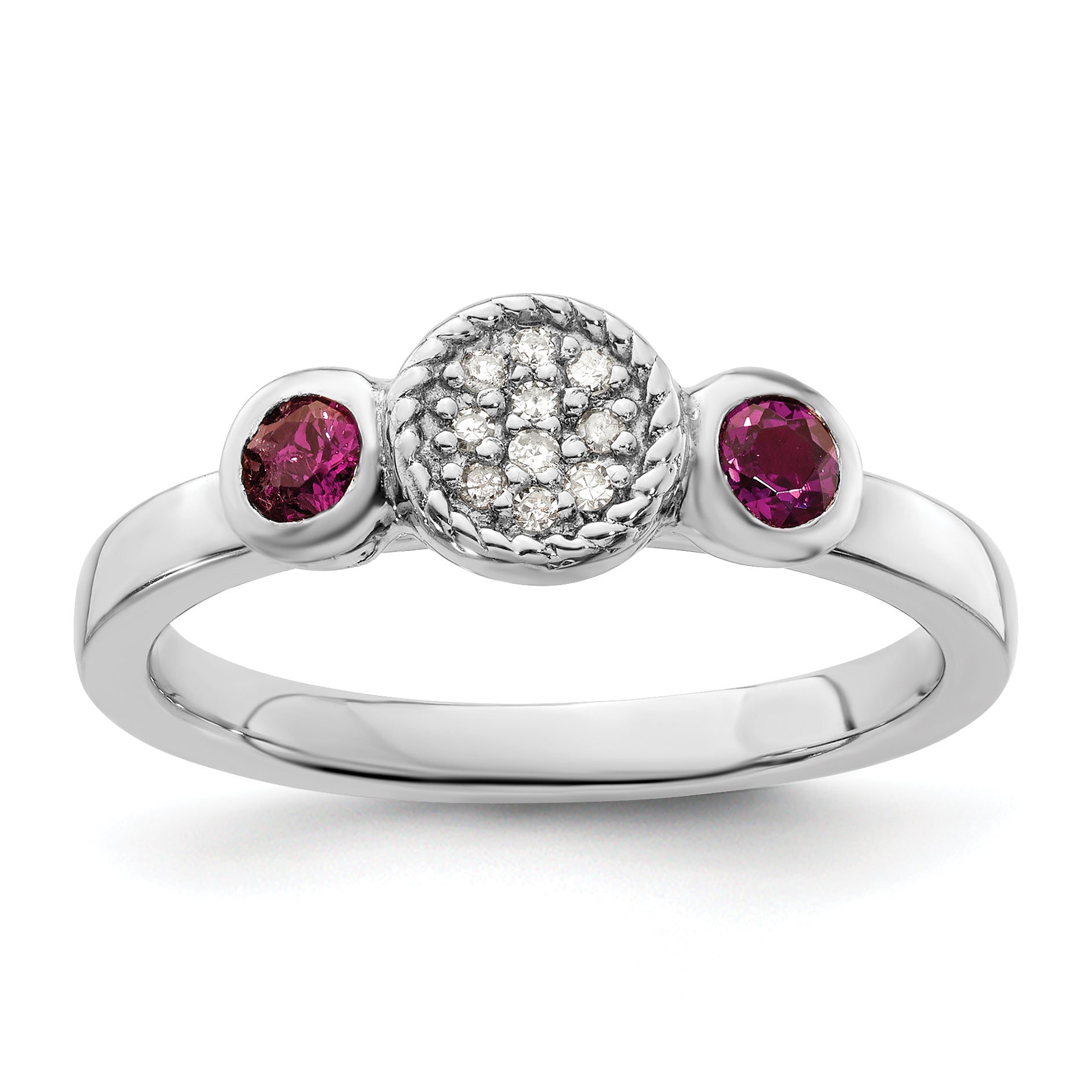 Sterling Silver Stackable Expressions Dbl Round Rhod. Garnet & Dia. Ring Main image