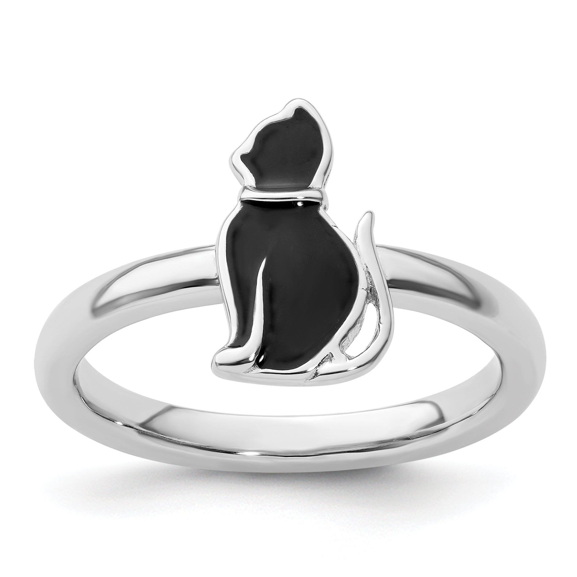 Sterling Silver Stackable Expressions Black Enameled Cat Ring Main image