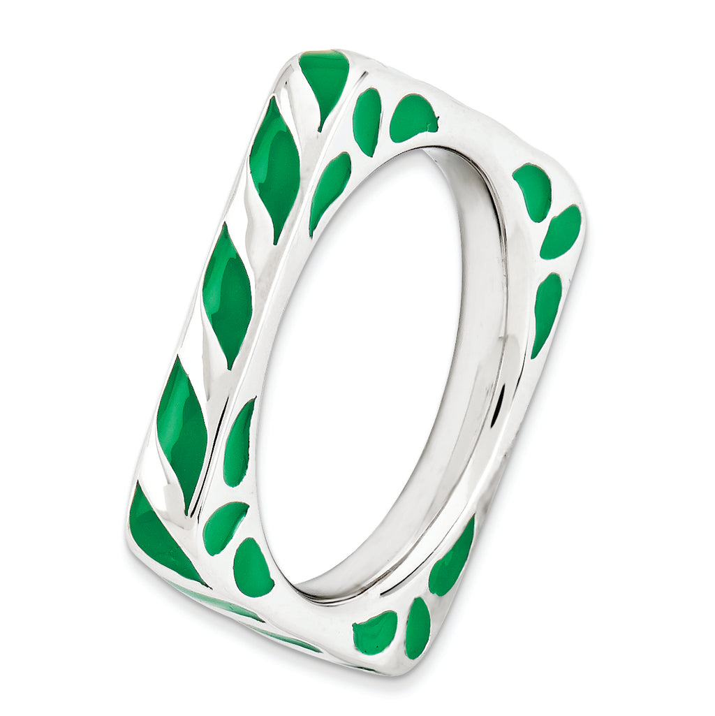 Sterling Silver Stackable Expressions Polished Green Enameled Square Ring