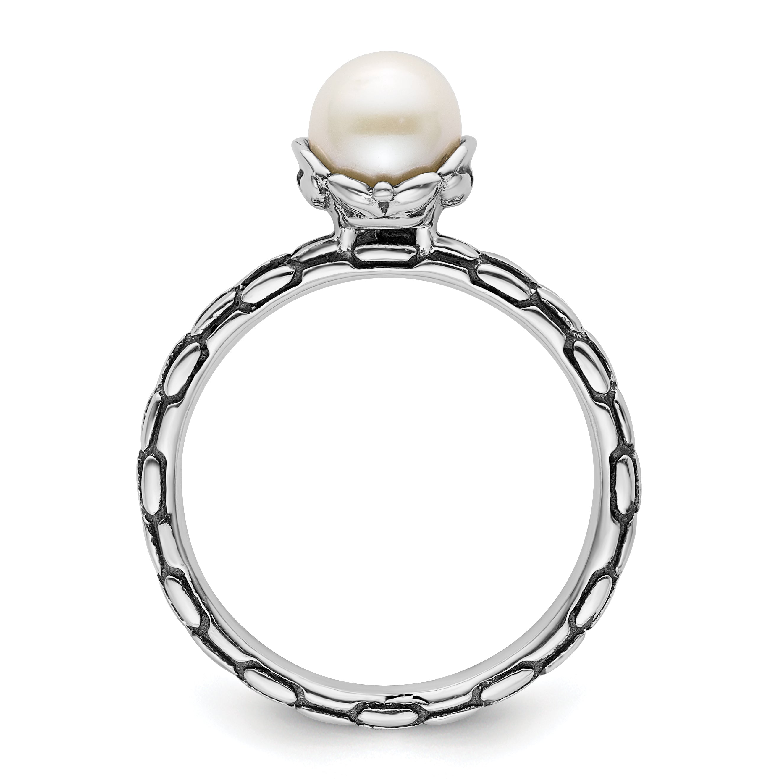 Sterling Silver Stack Expressions Polished Patterned White Freshwater Cultured Pearl Ring Secondary image
