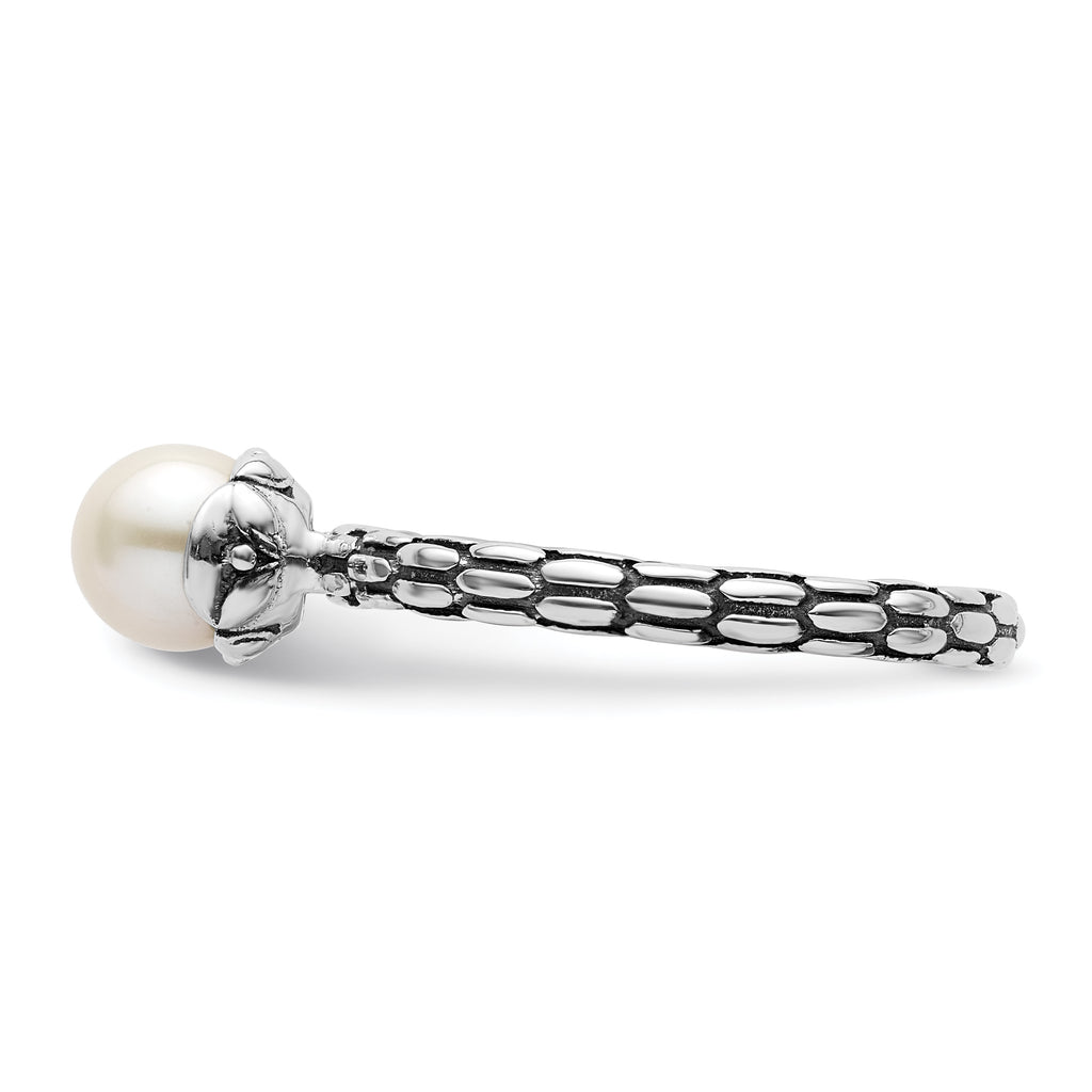 Sterling Silver Stack Expressions Polished Patterned White Freshwater Cultured Pearl Ring