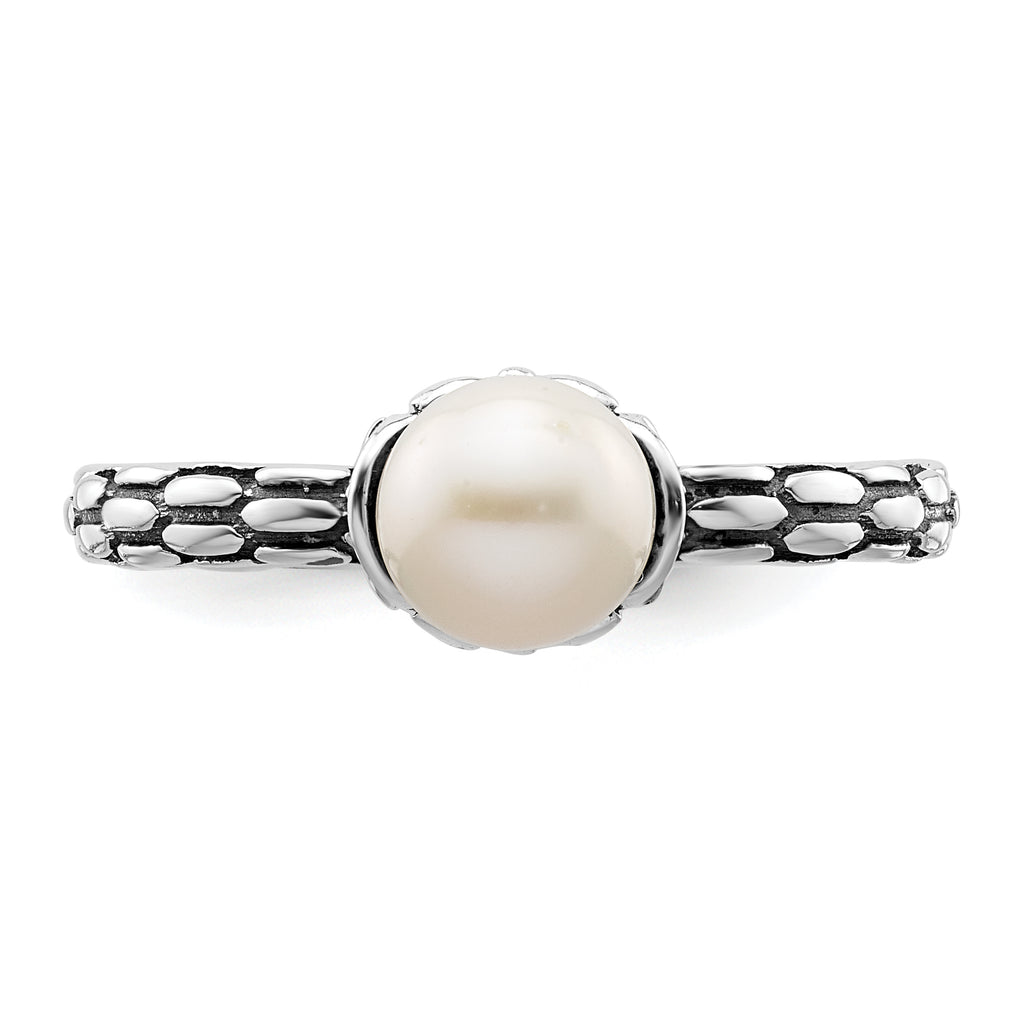 Sterling Silver Stack Expressions Polished Patterned White Freshwater Cultured Pearl Ring