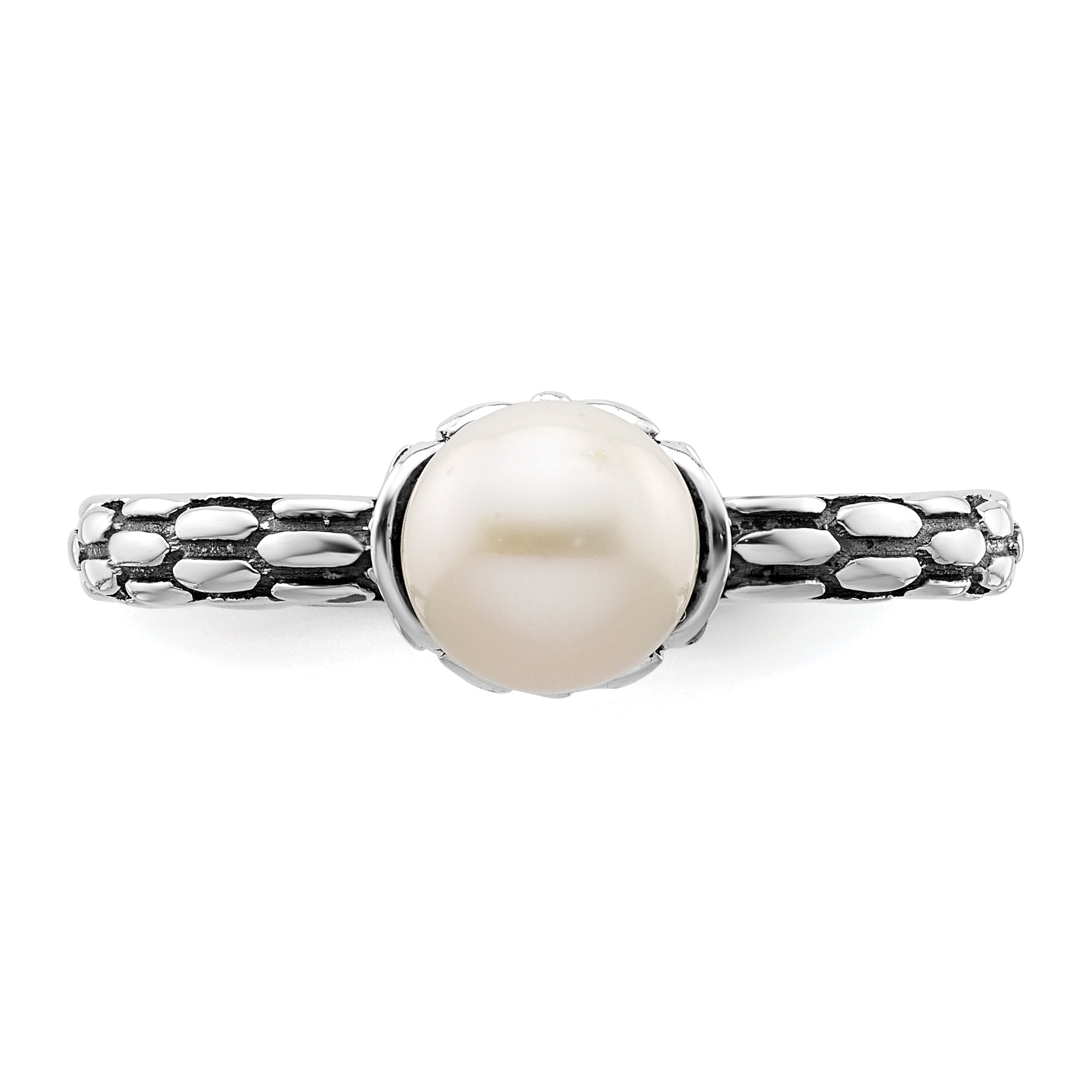 Sterling Silver Stack Expressions Polished Patterned White Freshwater Cultured Pearl Ring