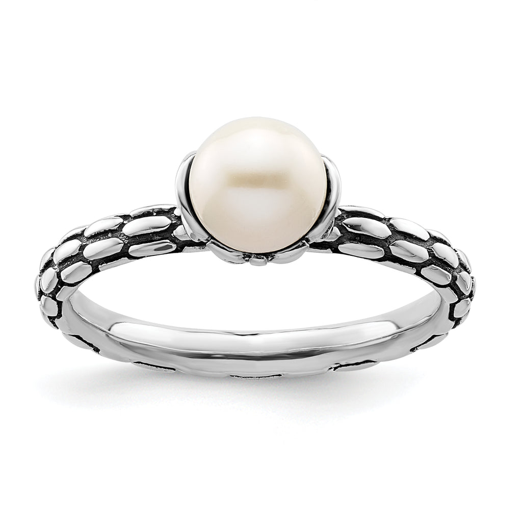 Sterling Silver Stack Expressions Polished Patterned White Freshwater Cultured Pearl Ring