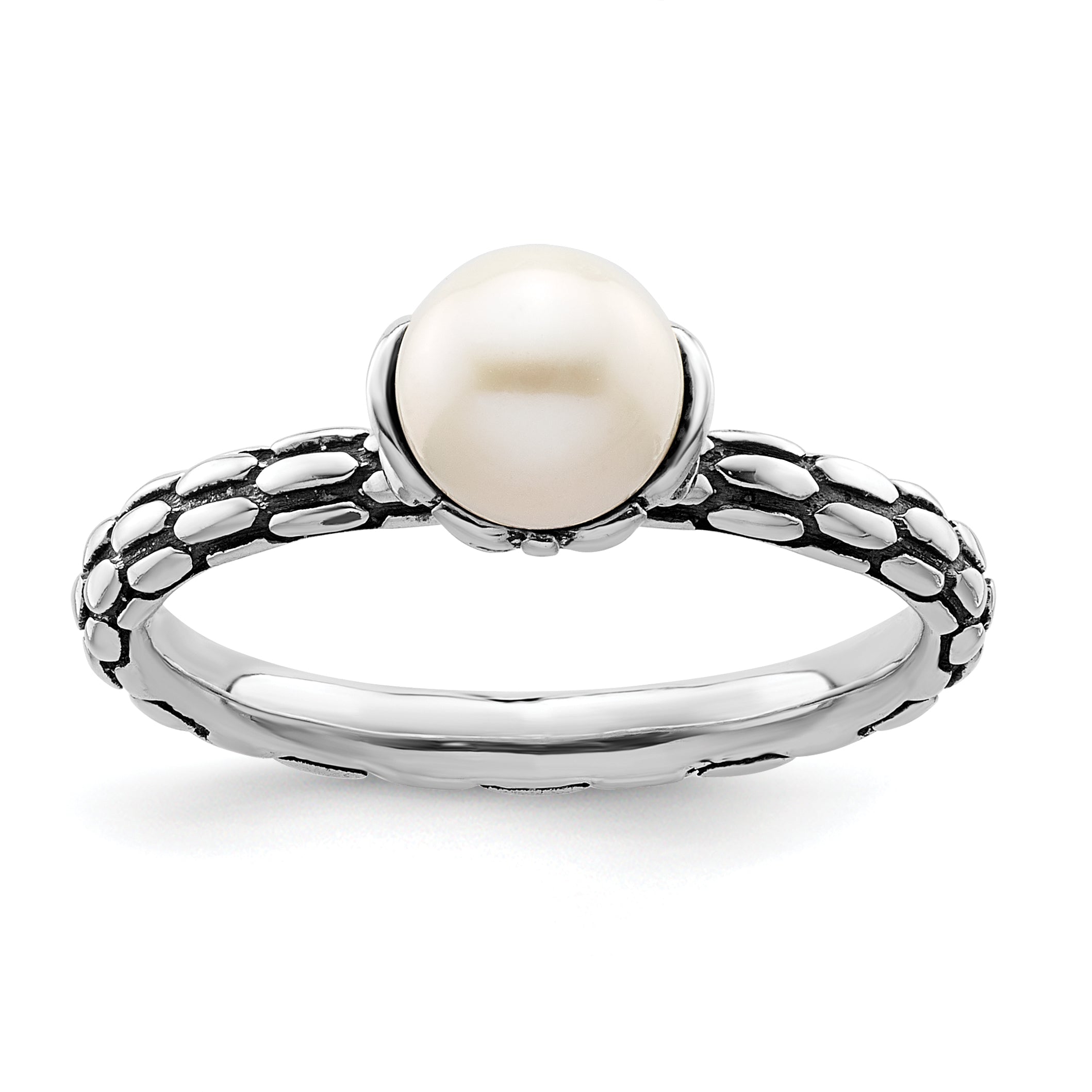 Sterling Silver Stack Expressions Polished Patterned White Freshwater Cultured Pearl Ring