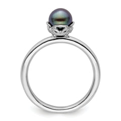 Sterling Silver Stack Exp. Polished Black FW Cultured Pearl Ring