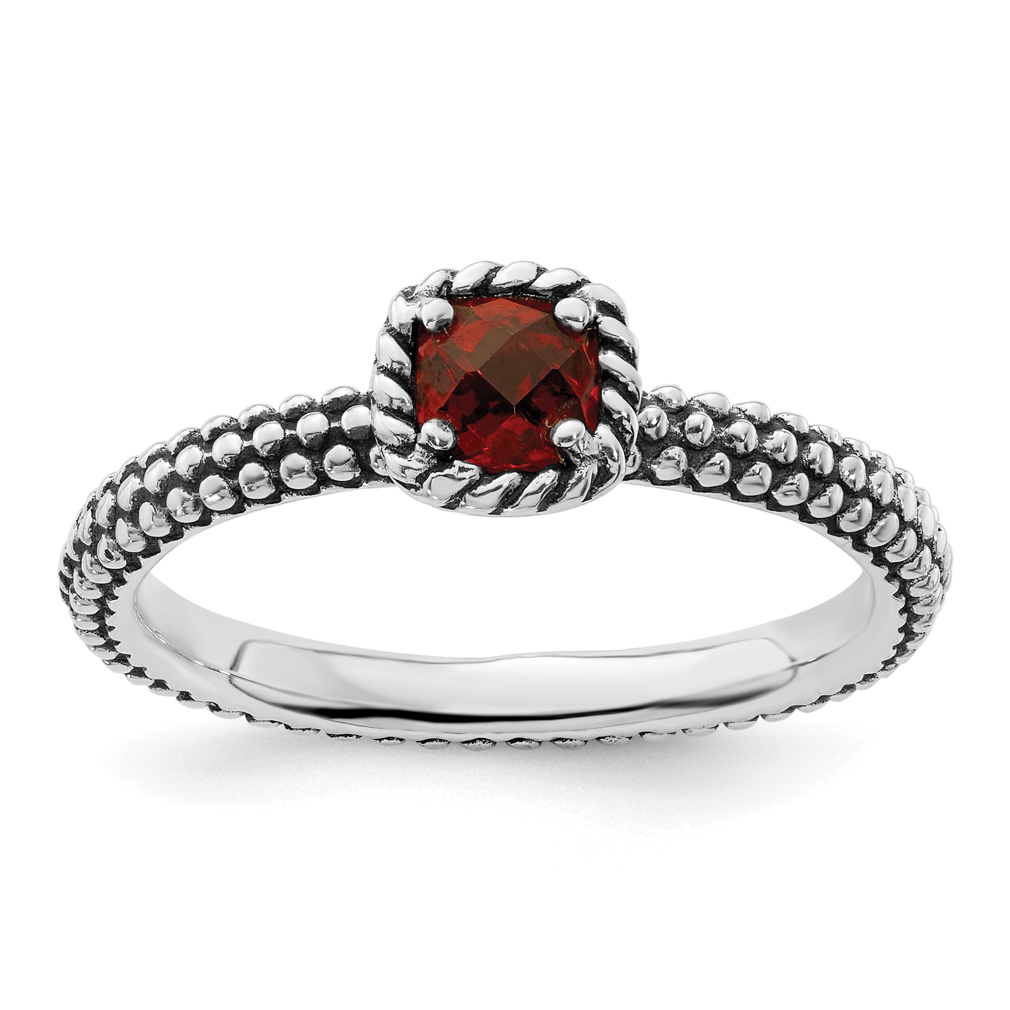 Sterling Silver Stackable Expressions Checker-cut Garnet Antiqued Ring Main image