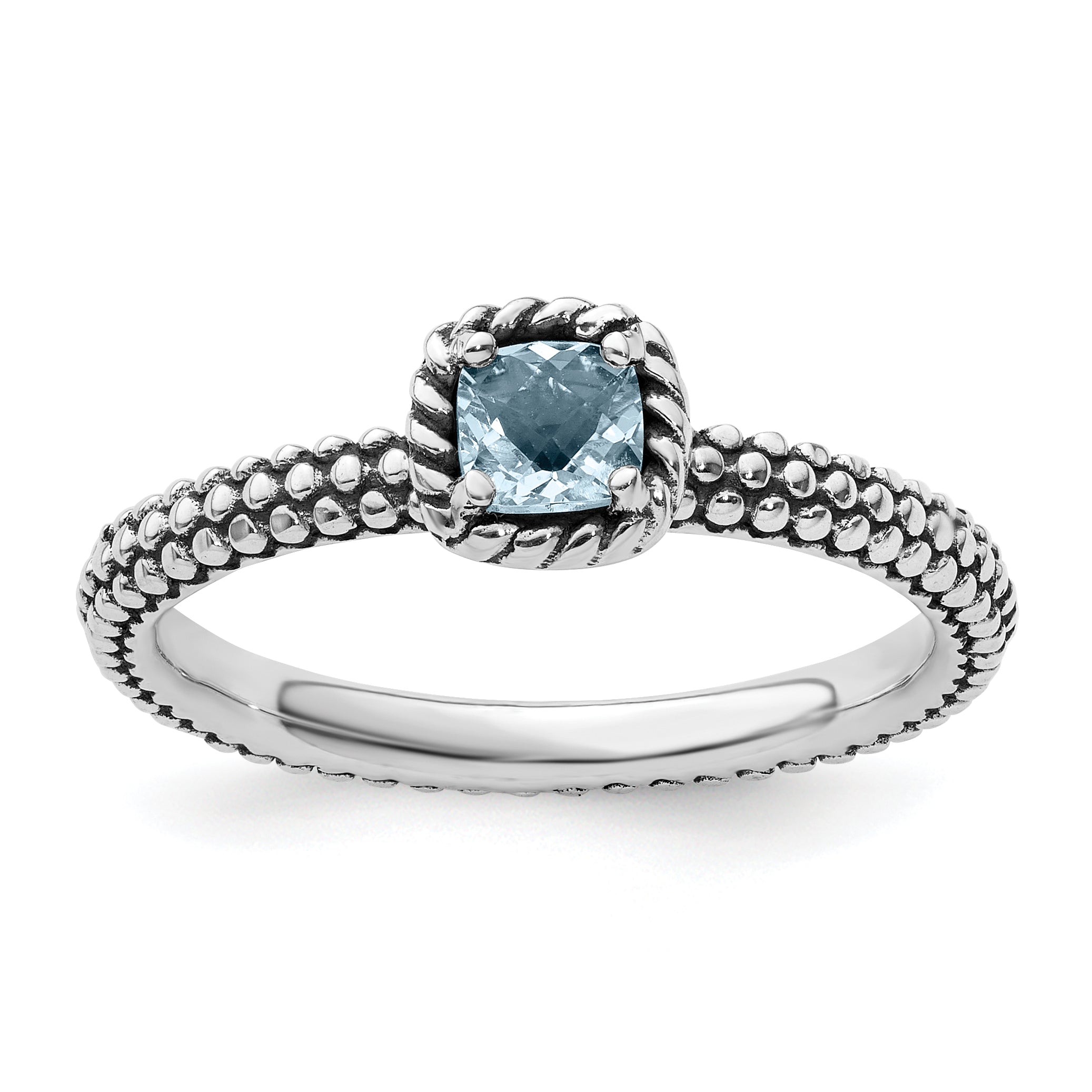 Sterling Silver Stackable Expressions Checker-cut Aquamarine Antiqued Ring Main image